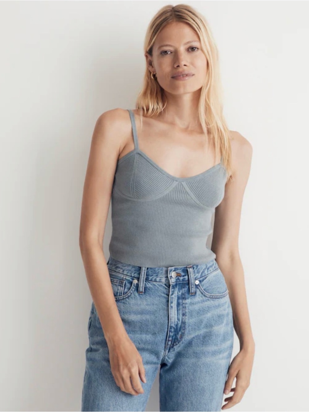 NWT Madewell Corset-Detail Crop Sweater Tank Blue-Gray Ribbed Knit Bustier Top L